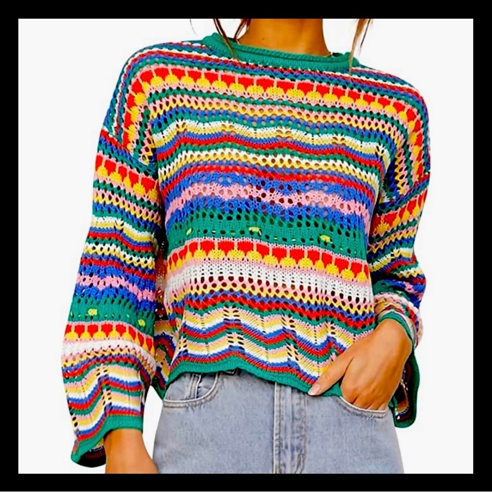 Crotchet crew neck sweater. Multi color long bell sleeve. Cute